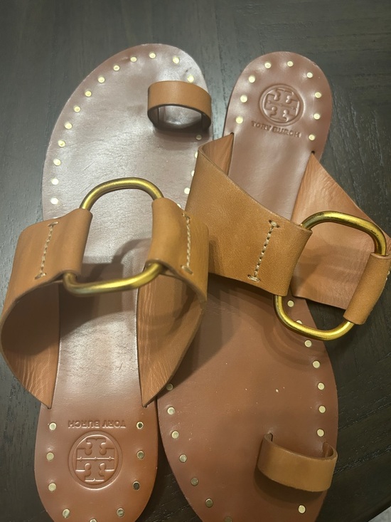 Tory Burch Shoes - Tory Burch Brown Leather Slide Sandals with Gold Ring Accents